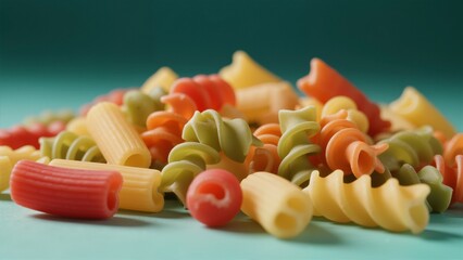 Colorful tri-color pasta including rotini, penne, and rigatoni arranged on a teal background