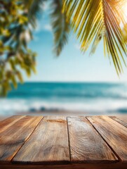 Fototapeta premium A serene beach scene featuring a wooden table in the foreground, with palm leaves and the ocean in the background, creating a tropical atmosphere.