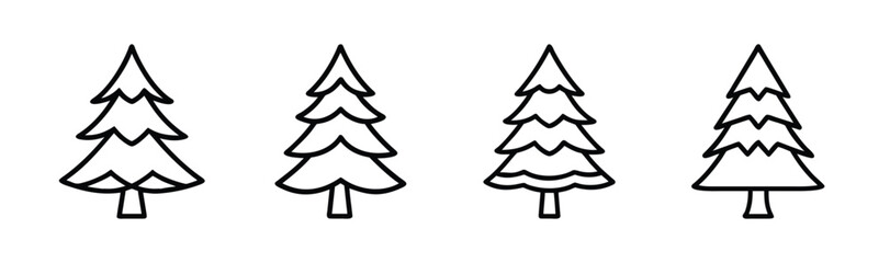 Four hand drawn fir trees in a row simple sketch line art for nature and forest designs