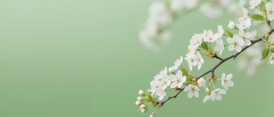 Branch of white blossoms against a soft green background