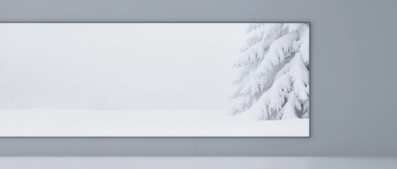 Snow-covered evergreen tree in a winter landscape with a minimalist composition