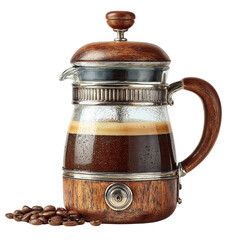 Stylish wooden French press filled with rich dark coffee and beans nearby