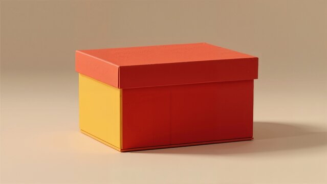 A red and yellow rectangular box with a lid, positioned on a neutral background.