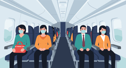People wearing face masks are sitting in an airplane cabin with empty seats, practicing social distancing during air travel in a pandemic.