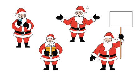 Fototapeta premium A charming set of cartoon Santa Claus illustrations showing various actions: using a smartphone, holding a gift, expressing surprise, and holding a blank sign.