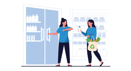 Obraz premium Two women are grocery shopping in a supermarket, with one opening a refrigerated display case and the other holding a reusable bag with fresh produce, emphasizing eco-friendly consumption.