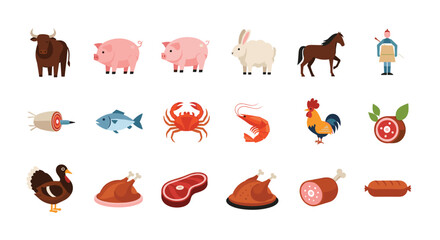Fototapeta premium A diverse collection of cartoon illustrations featuring various farm animals, seafood, and processed meat products, representing different food sources.