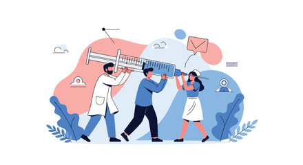 A dedicated healthcare team of a doctor and two nurses cooperatively carries a large syringe, symbolizing global vaccination efforts and public health initiatives.