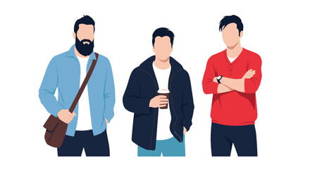 Fototapeta premium Three young men in diverse casual outfits standing on a white background, representing modern style, individuality, and a relaxed lifestyle.
