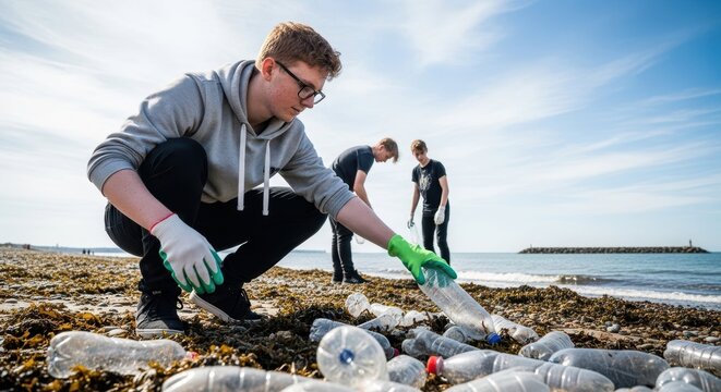 Cleaning the Coastal: A group of volunteers works together to remove plastic waste from a stunning coastal environment, promoting environmental consciousness and care. 