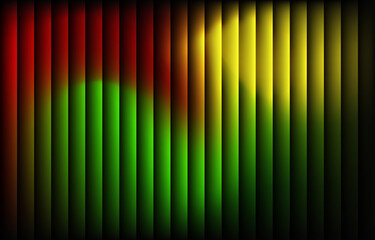 Red, yellow, and green neon light wave with vertical glowing stripes. Abstract luminous gradient background creating a modern digital energy flow. Perfect for creative design, music visuals, 
