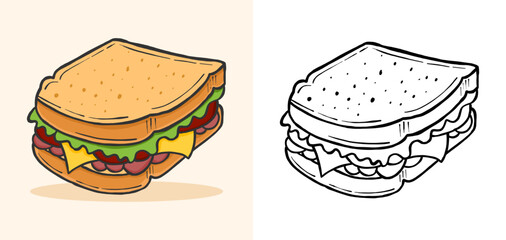 Hand-drawn delicious sandwich illustration in colored and outline version, perfect for menu, icon, sticker, or food design project