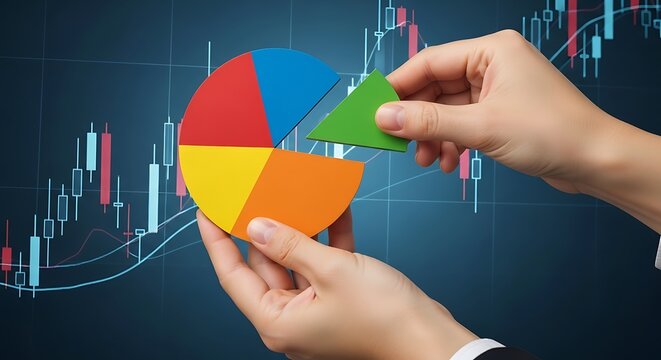 Financial pie chart analysis showing stock market data and investment growth