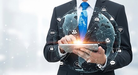 Global Business Technology Communication Networking Concept with Man Holding Tablet