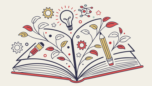 Creative book concept sparks imagination, symbolizing education, innovation, and knowledge creation with vibrant drawings and a lightbulb idea