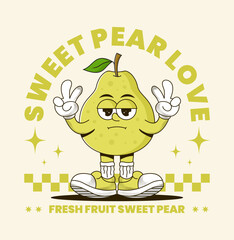 Cute cartoon pear illustration with a sweet and cheerful style, perfect for T-shirt design, sticker, poster, or any fresh and fun fruit artwork