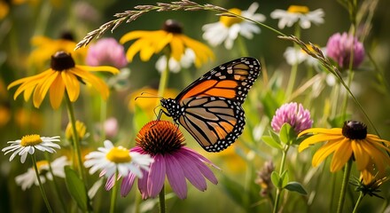 Monarch butterfly rests on a vibrant purple coneflower surrounded by a field of colorful wildflowers under a bright sunny sky
