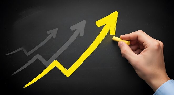 Hand drawing growth arrow pointing up on chalkboard signifying progress - Powered by Adobe