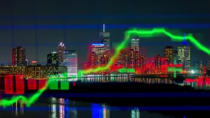 A night city skyline is overlayed with a stock market chart, reflecting on water - Powered by Adobe
