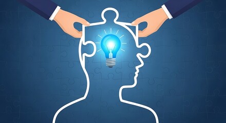 Hands completing jigsaw puzzle head with lightbulb inside for idea concept