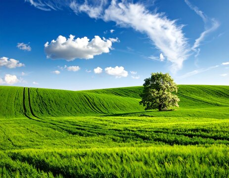 Rolling green hills under a vibrant blue sky with fluffy white clouds, a tree