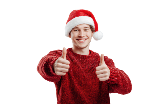 Smiling young man wearing red sweater and Santa hat showing double thumbs up, expressing cheerful Christmas spirit, festive celebration, and joyful holiday mood