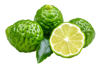 Bergamot fruit with cut in half and leaves on transparent background
