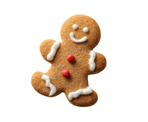 Playful gingerbread man cookie decorated with white icing and red candy buttons, representing Christmas baking, festive treats, and traditional holiday sweetness