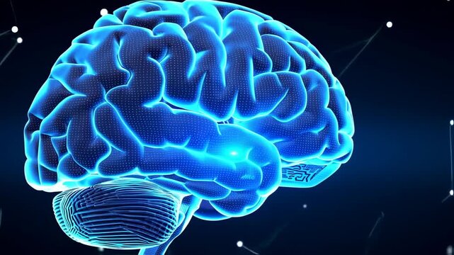 A glowing blue, 3D render of a brain with dotted texture and circuitry, with connecting lines