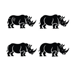 Set of Four Rhinoceros Silhouette Illustrations, Rhino Graphic Icons in Black and White, Vector Collection of Rhinoceros Side Views, illustration, silhouette, vector