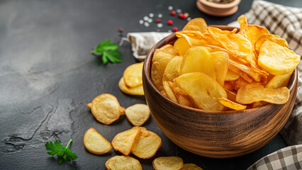 Crispy potato chips in wooden bowl on dark background