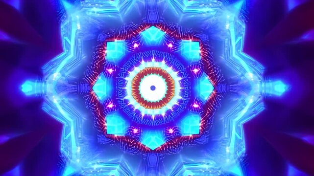 Abstract kaleidoscopic mandala with glowing orange and blue geometric patterns, symbolizing spirituality and cosmic energy, perfect for meditation and wellness themes