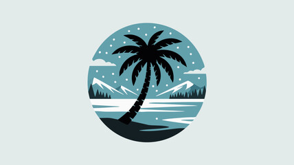 Stylized circular illustration of a palm tree on a snowy beach with mountains and a frozen lake under a winter sky.