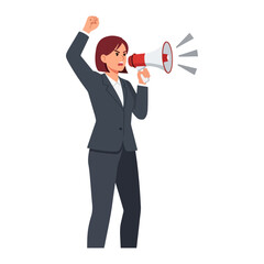Fototapeta premium Professional woman passionately protesting, shouting through a megaphone with a raised fist, expressing strong opinions