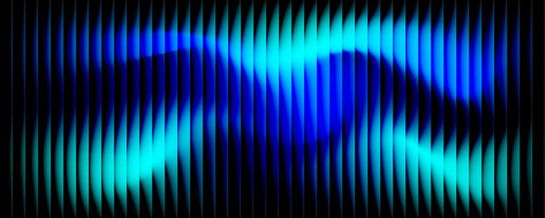 Abstract blue light waves behind vertical bars on black background. Glowing gradient lines create a...