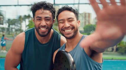 Fitness, face or men in tennis court with selfie, friends or digital memories of padel game. Happy, POV and athlete outdoor with racket, training support and moment capture for social media. - Powered by Adobe