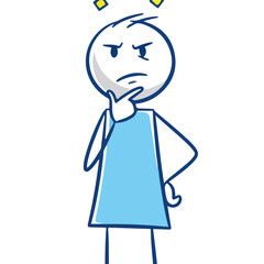 Cartoon stick figure, thoughtfully pondering, confused expression, deep in thought, seeking a solution, white background.