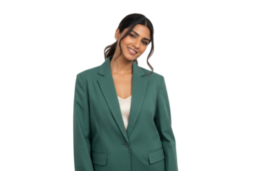 Confident South Asian businesswoman smiling professionally in modern business attire