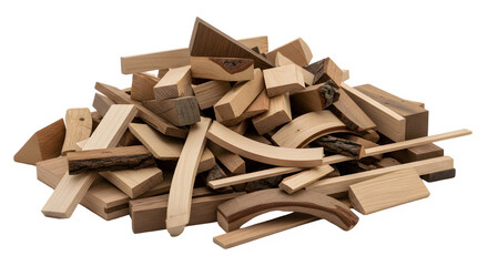 Pile of natural wooden building blocks various shapes and sizes for creative play and educational development