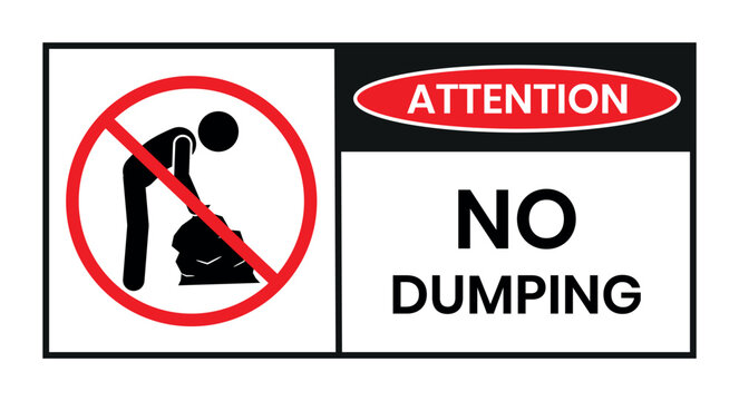 Attention no dumping sign with person carrying trash bag symbol prohibiting illegal waste disposal. Attention no dumping  logo, label, sign, badge, symbol, banner, line, flat vector.