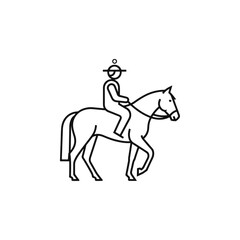Black line art icon of a jockey riding a horse, equestrian sport symbol, simple drawing illustration