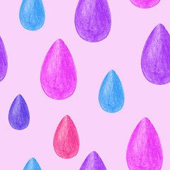 Seamless pattern with multicolored drops, drawn in pencil. Pink and blue raindrops on a pink background. Drawing with colored pencils. Seamless background for wallpaper in the girls' nursery