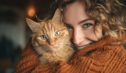 Close-up of a smiling woman hugging her orange tabby cat with green eyes indoors