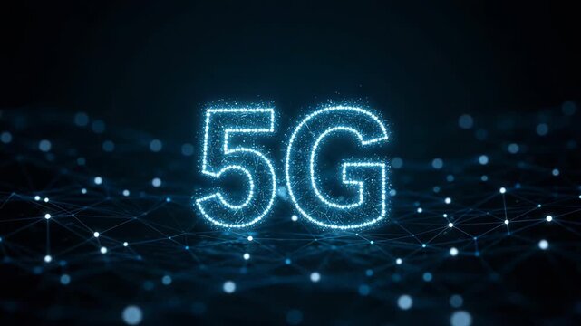 Glowing 5g text on a dark digital network background - Powered by Adobe