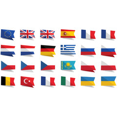 Collection of diverse European and international country flags, modern vector icons set with shadows.