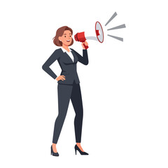 Fototapeta premium Confident businesswoman in suit holding megaphone, making an important announcement, speaking loudly