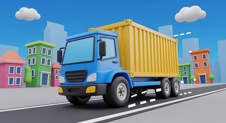 Naklejka premium Cartoon Truck on City Street - Delivery and Transportation Concept.
