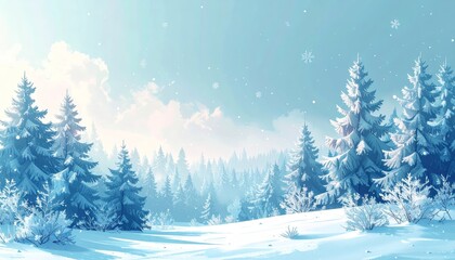 Naklejka premium Digital illustration of snowflakes falling against winter landscape with trees
