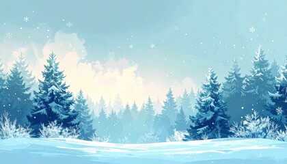 Digital illustration of snowflakes falling against winter landscape with trees