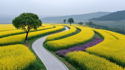 Obraz premium Vast yellow rapeseed flower fields stretch across rolling hills under a hazy sky with a winding pathway and scattered trees on the island of Arran